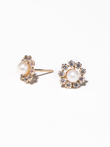 Pearl Gold Earrings with CZ all around