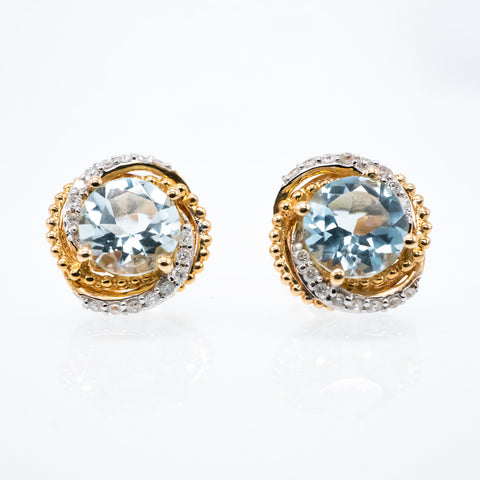 Yellow and White Gold Diamonds Aquamarine Stud Earrings