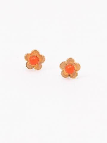 Yellow Gold Flower With Coral Stone