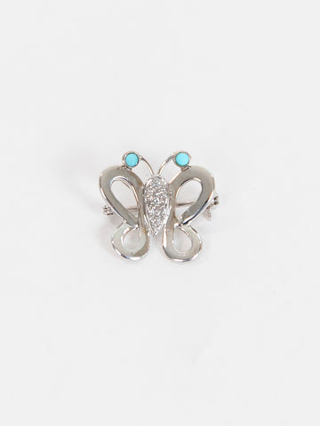 White Gold Butterfly Pin With Turquoise