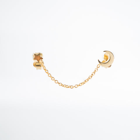 Yellow gold star and moon piercing earrings