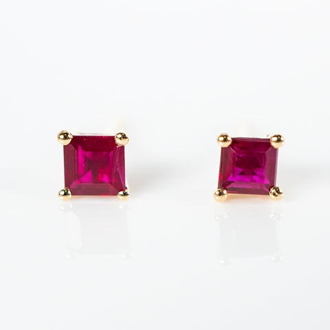 Modern square ruby stud y/g, 14k