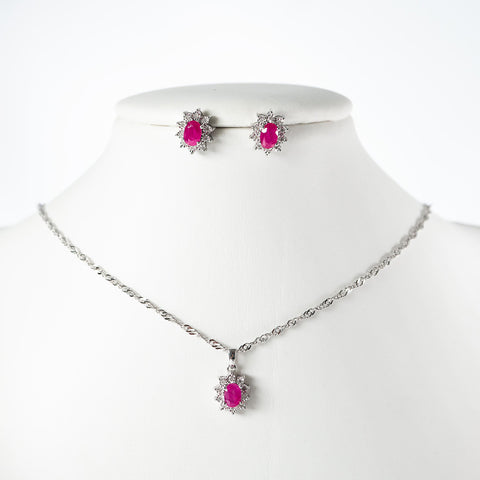 Earrings and necklace Ruby with diamonds set w/g