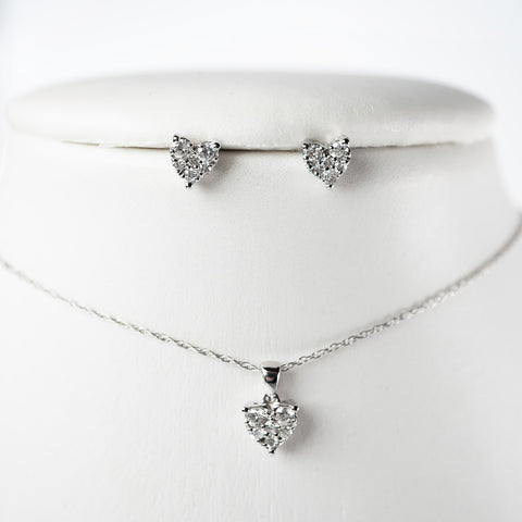 Heart shape stud earrings and necklace set w/g, 14k