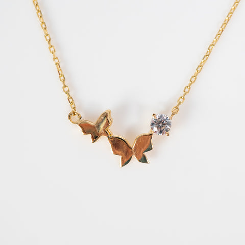 Butterfly and cz yellow gold necklace