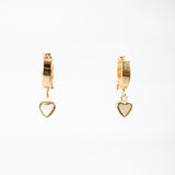 Huggie with dangling mother of pearl heart y/g, 14k