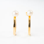 Yellow gold pushback hoop earrings with center pearl, 18k