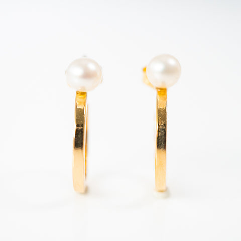 Yellow gold pushback hoop earrings with center pearl, 18k