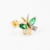 Yellow gold marquis cz and green stone butterfly earrings, 14k