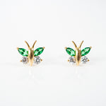 Yellow gold marquis cz and green stone butterfly earrings, 14k