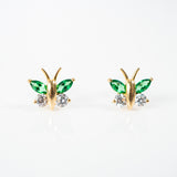 Yellow gold marquis cz and green stone butterfly earrings, 14k