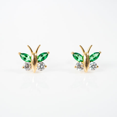 Yellow gold marquis cz and green stone butterfly earrings, 14k