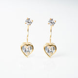 Yellow gold heart telephone earrings with white stone, 14k