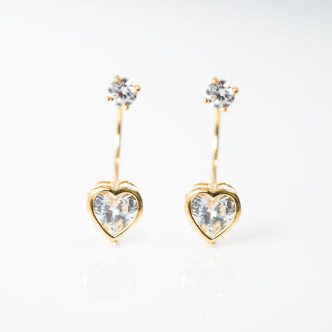 Yellow gold heart telephone earrings with white stone, 14k