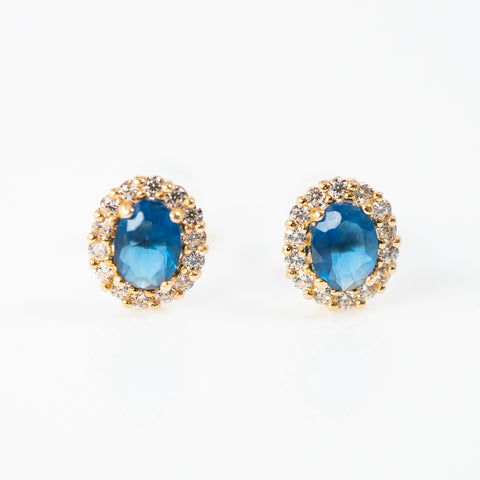 Yellow gold oval center color stone blue small earrings