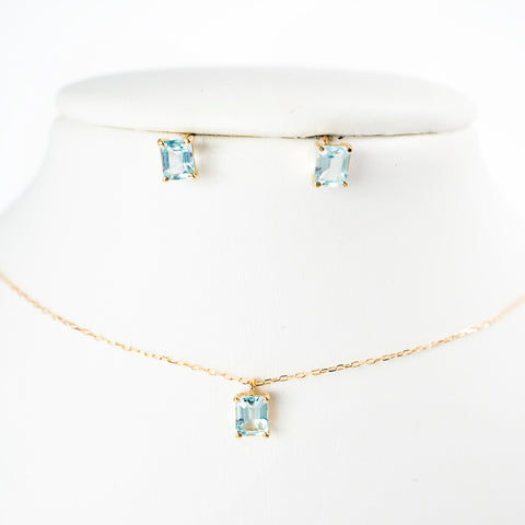 Emerlad cut Topacio Sky set  earrings and necklace , 18k y/g