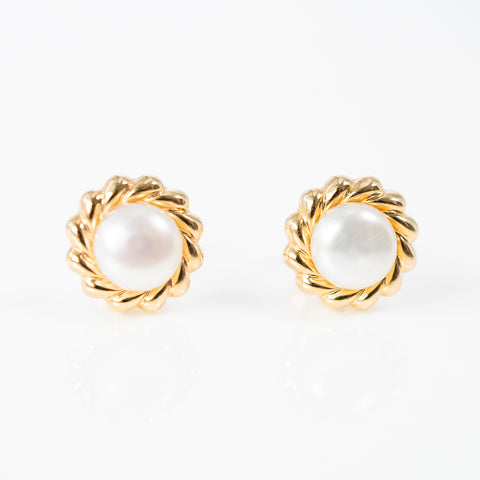 Yellow gold pearl 5mml braided bezel earrings