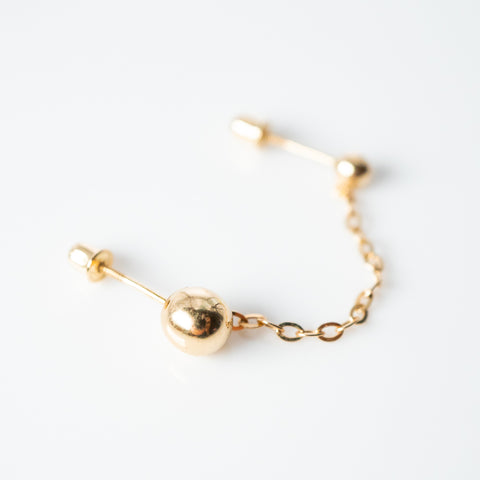 Yellow gold double gold ball with chain earrings