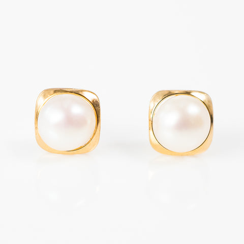 Yellow gold pearl with thin square bezel earrings, 18k