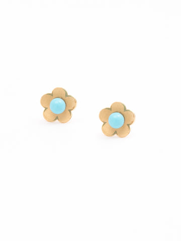 Flower Yellow Gold With Turquoise Center Earrings