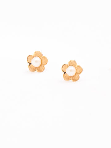 Flower Yellow Gold With Pearl Center Earrings