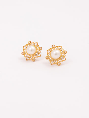 Carved Gold Earrings With Diamonds and Pearls