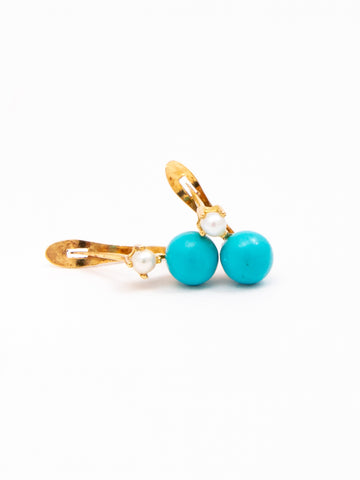 Classic Turquoise With Pearl On Top Hoop Earrings