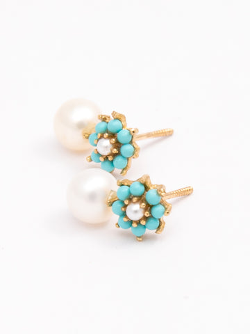 Turquoise Flowers With Center Pearls & Pearl on Bottom