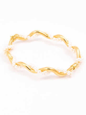 Stunner Yellow Gold Bangle With Swirl Pearls